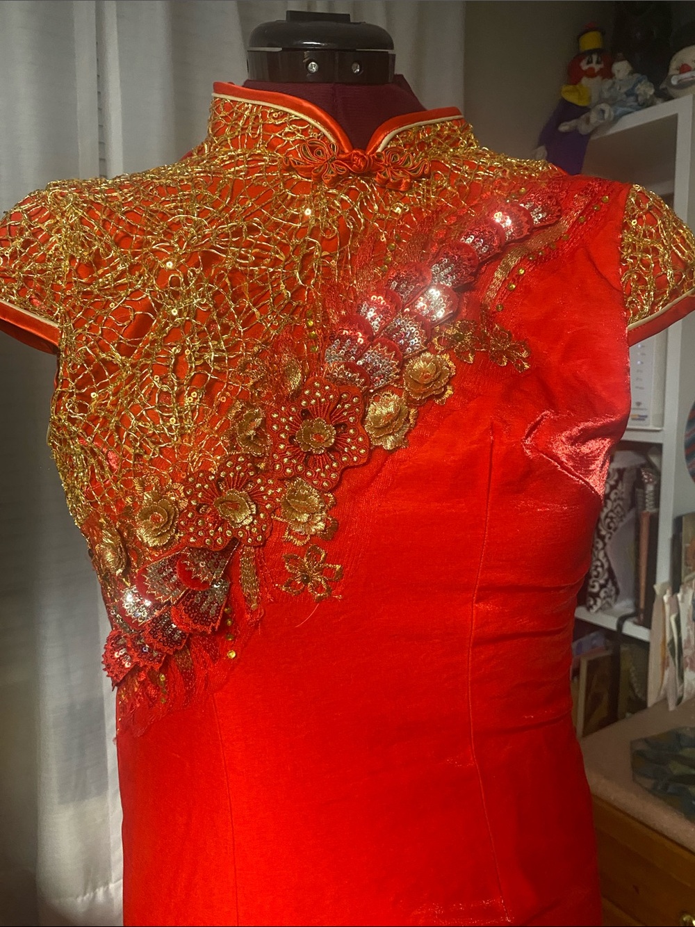 Red One-Shoulder Embellished Cheongsam-Inspired Dress